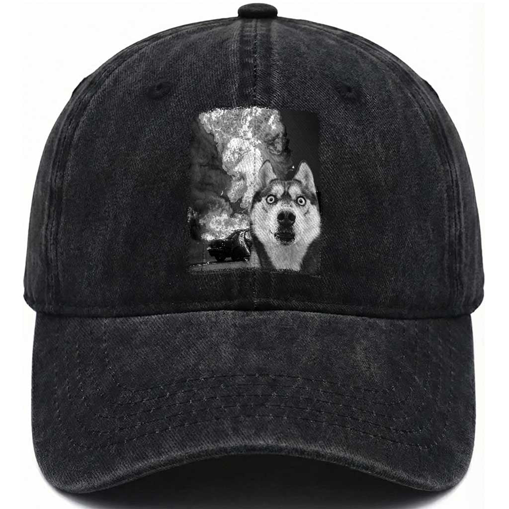 Funny Husky Chaos Washed Cotton Baseball Cap Cool Dog Selfie With Burning Car TS12 Print Your Wear