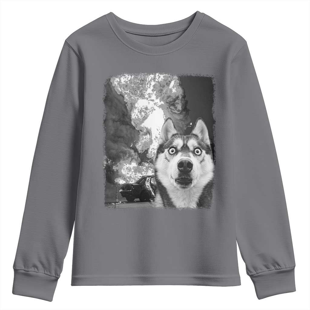 Funny Husky Chaos Youth Sweatshirt Cool Dog Selfie With Burning Car TS12 Charcoal Print Your Wear