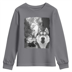 Funny Husky Chaos Youth Sweatshirt Cool Dog Selfie With Burning Car TS12 Charcoal Print Your Wear
