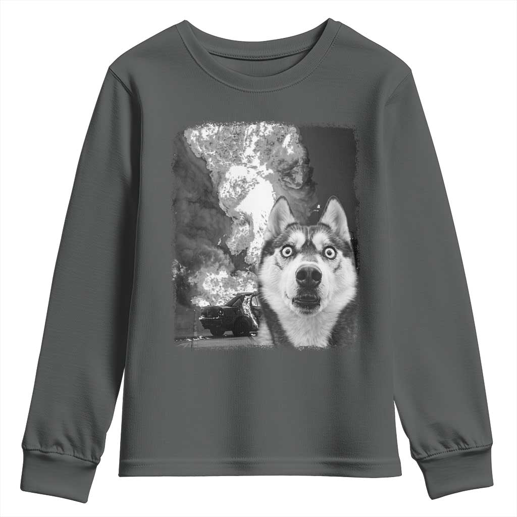 Funny Husky Chaos Youth Sweatshirt Cool Dog Selfie With Burning Car TS12 Dark Heather Print Your Wear