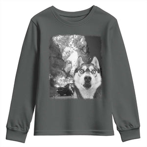 Funny Husky Chaos Youth Sweatshirt Cool Dog Selfie With Burning Car TS12 Dark Heather Print Your Wear