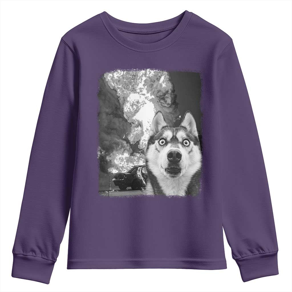 Funny Husky Chaos Youth Sweatshirt Cool Dog Selfie With Burning Car TS12 Purple Print Your Wear