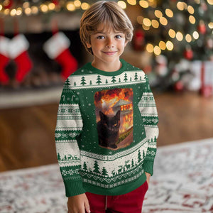 Funny Crazy Cat Selfie Ugly Christmas Sweater Bad Kitty Chaos Humor Graphic TS12 Forest Green Beige Print Your Wear