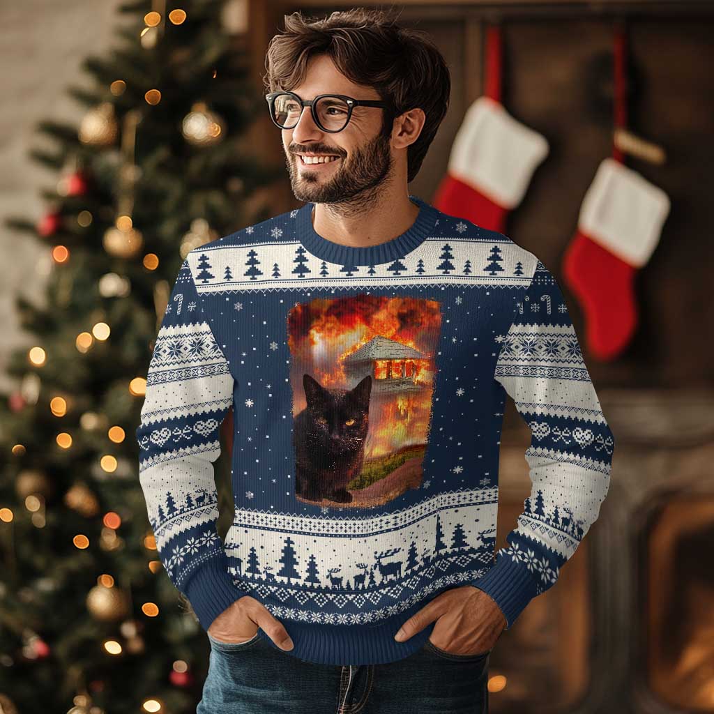Funny Crazy Cat Selfie Ugly Christmas Sweater Bad Kitty Chaos Humor Graphic TS12 Navy Beige Print Your Wear
