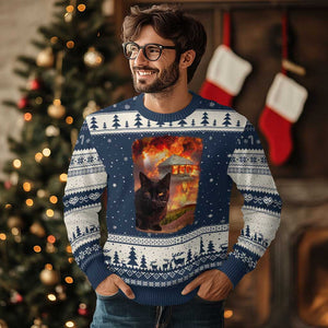Funny Crazy Cat Selfie Ugly Christmas Sweater Bad Kitty Chaos Humor Graphic TS12 Navy Beige Print Your Wear