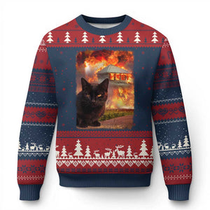Funny Crazy Cat Selfie Ugly Christmas Sweater Bad Kitty Chaos Humor Graphic TS12 Navy Red Print Your Wear