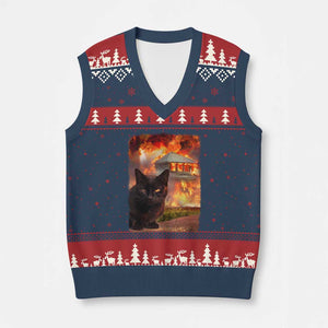 Funny Crazy Cat Selfie V-Neck Knit Sweater Vest Bad Kitty Chaos Humor Graphic TS12 Navy Red Print Your Wear