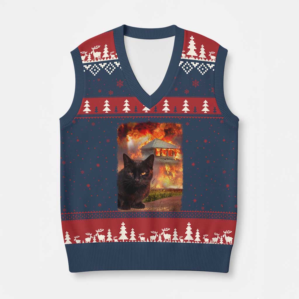 Funny Crazy Cat Selfie V-Neck Knit Sweater Vest Bad Kitty Chaos Humor Graphic TS12 Navy Red Print Your Wear