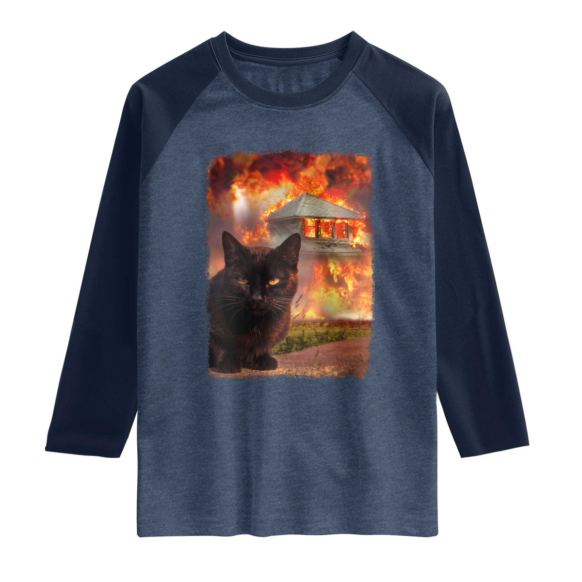Funny Crazy Cat Selfie Raglan Shirt Bad Kitty Chaos Humor Graphic TS12 Heather Denim Navy Print Your Wear