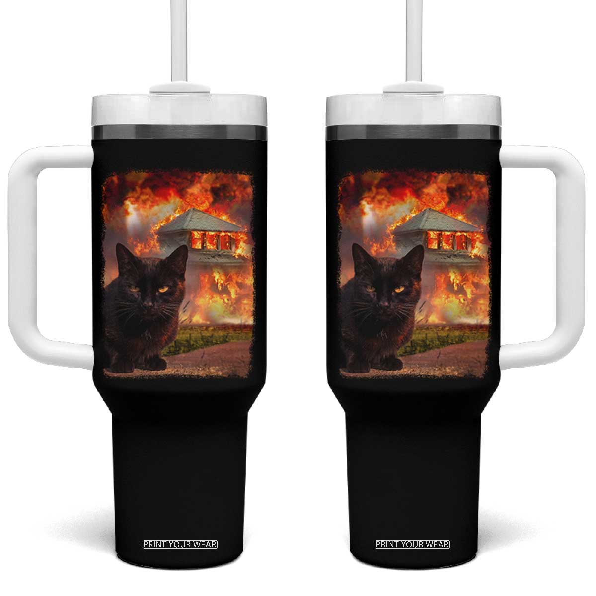 Funny Crazy Cat Selfie Tumbler With Handle Bad Kitty Chaos Humor Graphic TS12 One Size: 40 oz Black Print Your Wear