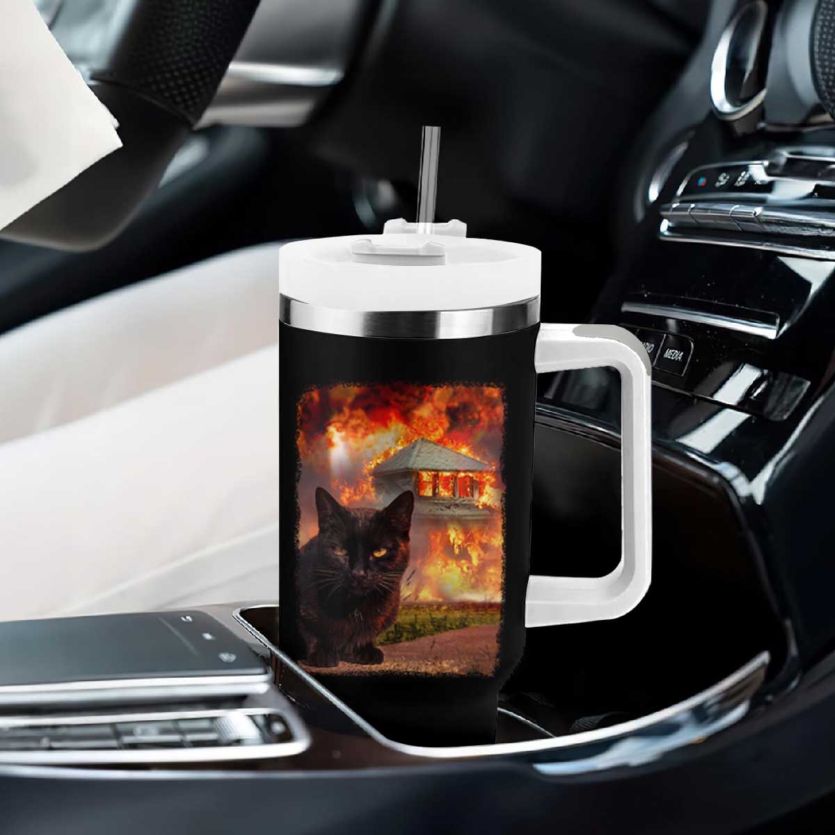 Funny Crazy Cat Selfie Tumbler With Handle Bad Kitty Chaos Humor Graphic TS12 Print Your Wear