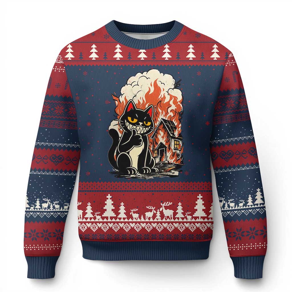 Funny Trouble Maker Cat Ugly Christmas Sweater Cute Mischief Graphic Gift For Cat Lover TS12 Navy Red Print Your Wear