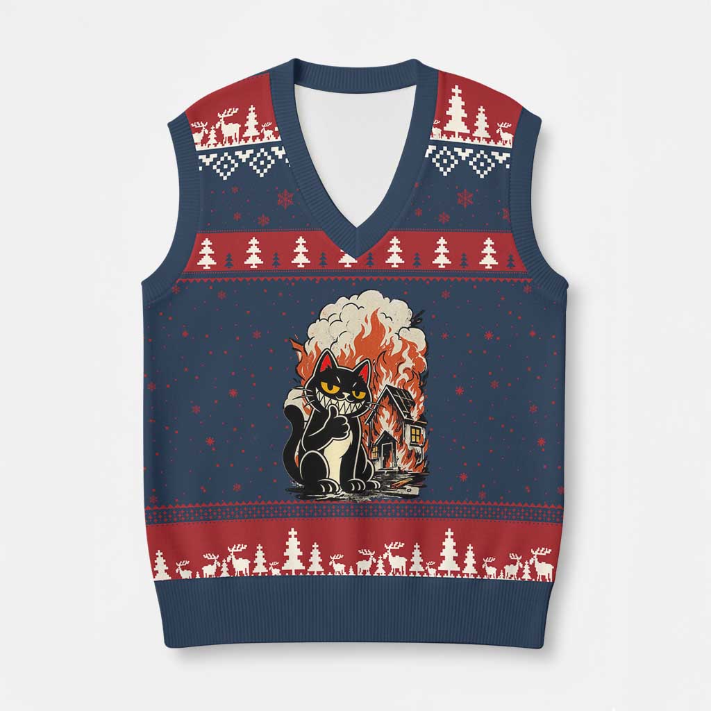Funny Trouble Maker Cat V-Neck Knit Sweater Vest Cute Mischief Graphic Gift For Cat Lover TS12 Navy Red Print Your Wear