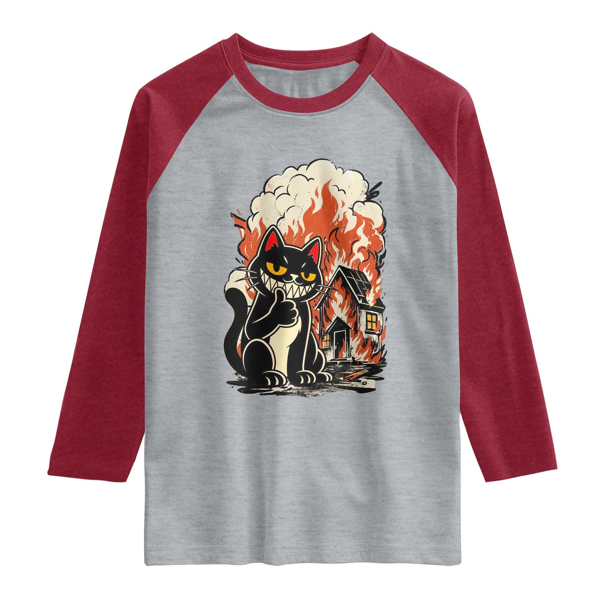 Funny Trouble Maker Cat Raglan Shirt Cute Mischief Graphic Gift For Cat Lover TS12 Heather Gray Heather Red Print Your Wear