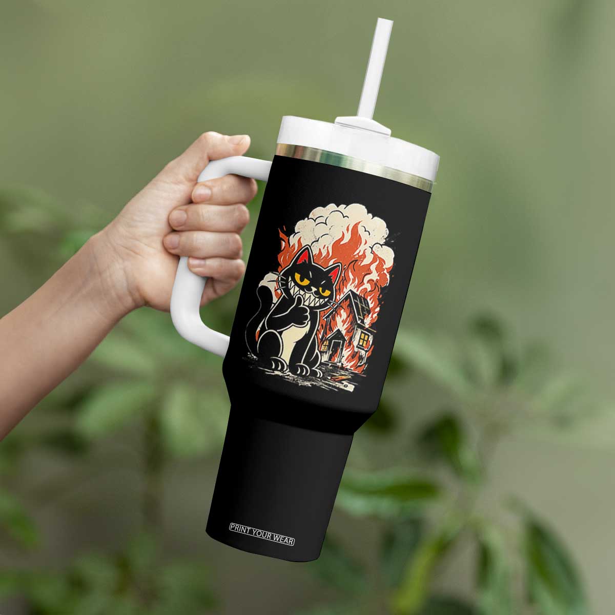 Funny Trouble Maker Cat Tumbler With Handle Cute Mischief Graphic Gift For Cat Lover TS12 Print Your Wear