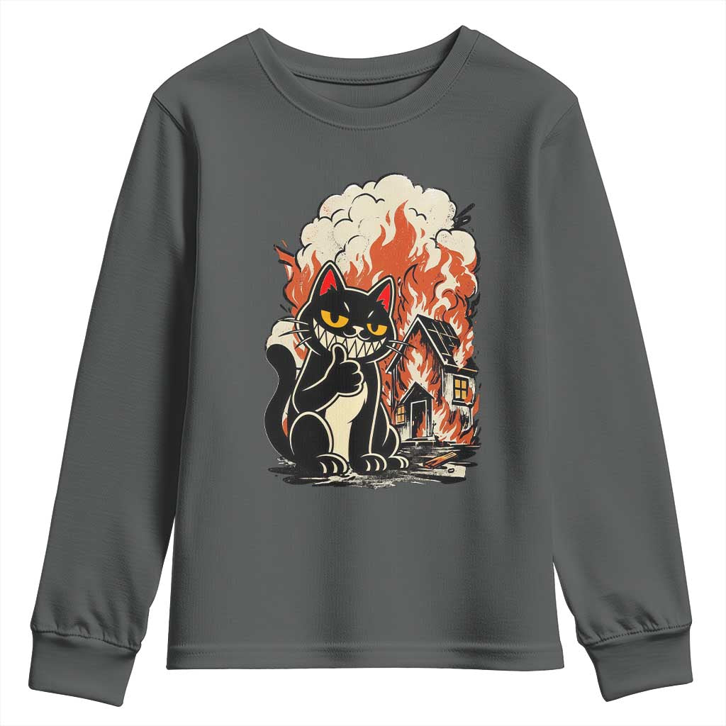 Funny Trouble Maker Cat Youth Sweatshirt Cute Mischief Graphic Gift For Cat Lover TS12 Dark Heather Print Your Wear