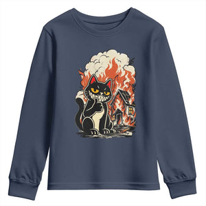 Funny Trouble Maker Cat Youth Sweatshirt Cute Mischief Graphic Gift For Cat Lover TS12 Navy Print Your Wear