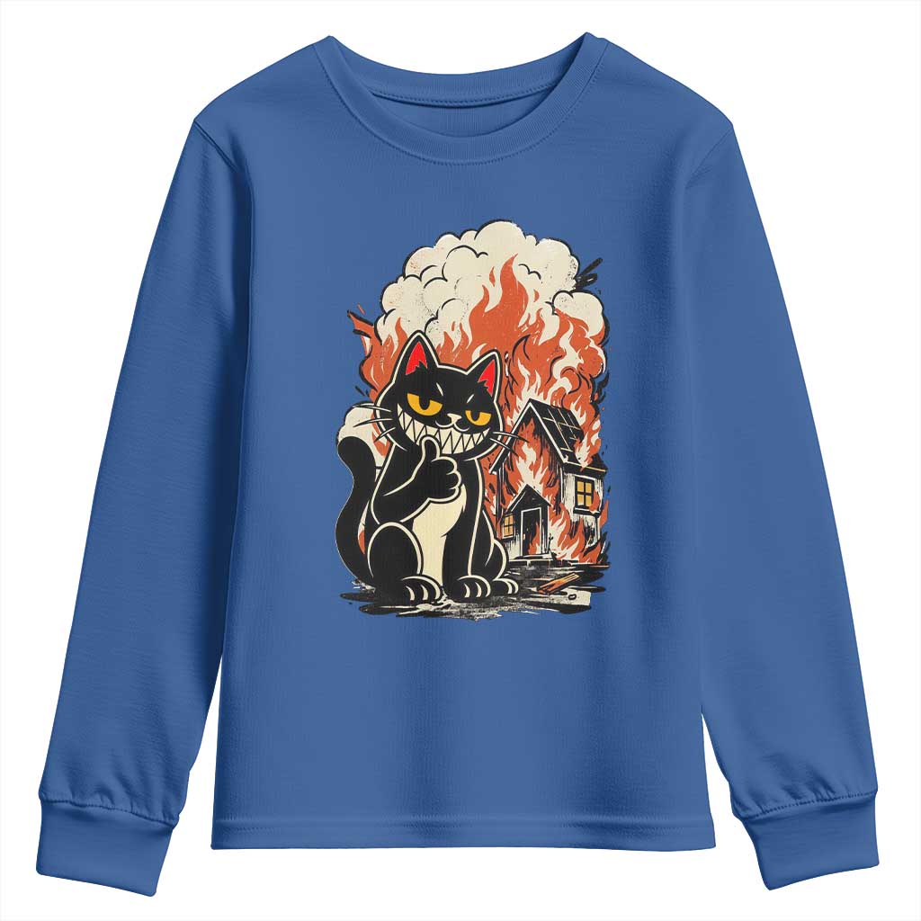 Funny Trouble Maker Cat Youth Sweatshirt Cute Mischief Graphic Gift For Cat Lover TS12 Royal Blue Print Your Wear
