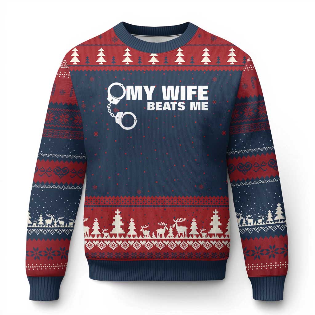 Funny Marriage Joke My Wife Beats Me Ugly Christmas Sweater Husband Gag Gift TS12 Navy Red Print Your Wear