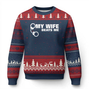 Funny Marriage Joke My Wife Beats Me Ugly Christmas Sweater Husband Gag Gift TS12 Navy Red Print Your Wear