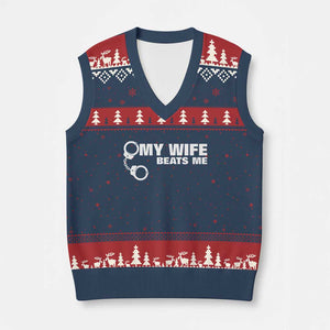 Funny Marriage Joke My Wife Beats Me V-Neck Knit Sweater Vest Husband Gag Gift TS12 Navy Red Print Your Wear