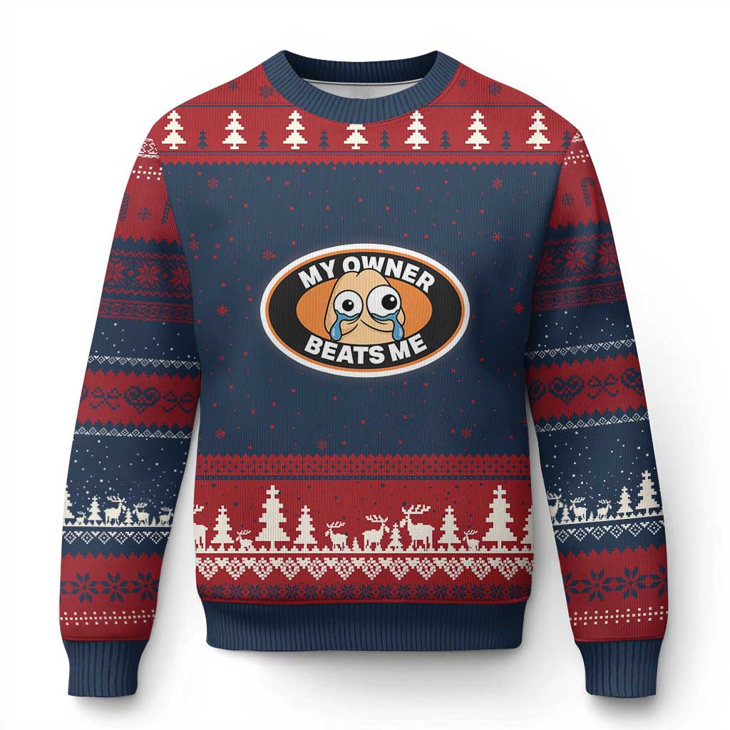 Humorous Dark Humor Ugly Christmas Sweater My Owner Beats Me TS12 Navy Red Print Your Wear