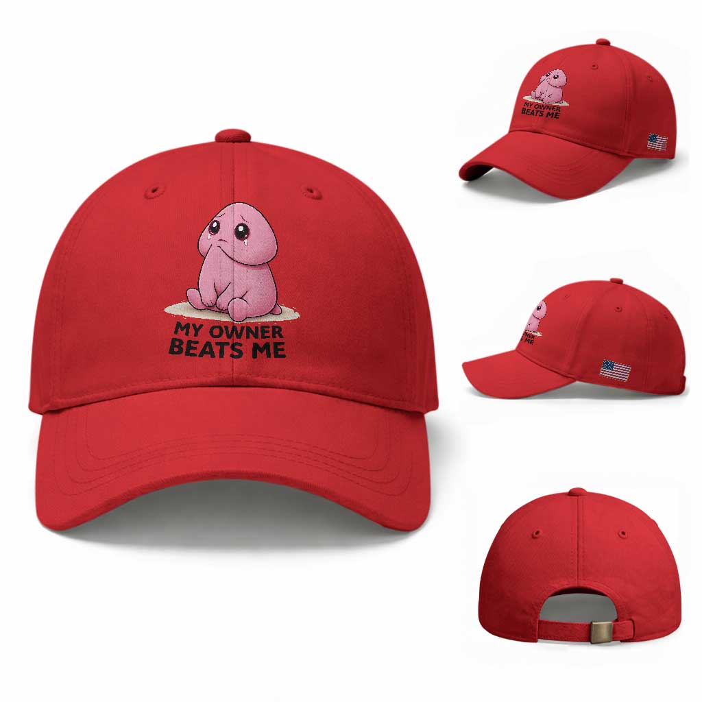 Funny Raunchy Meme My Owner Beats Me Baseball Cap Sarcastic Adult Gag Gift TS12 Baseball Cap Universal Fit Red Print Your Wear