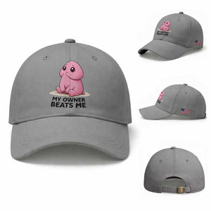 Funny Raunchy Meme My Owner Beats Me Baseball Cap Sarcastic Adult Gag Gift TS12 Baseball Cap Universal Fit Sport Gray Print Your Wear