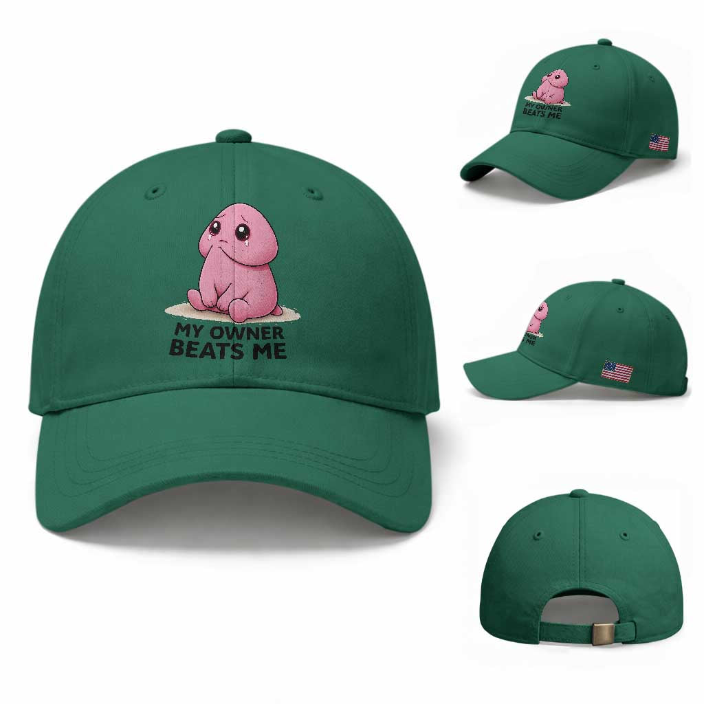 Funny Raunchy Meme My Owner Beats Me Baseball Cap Sarcastic Adult Gag Gift TS12 Baseball Cap Universal Fit Irish Green Print Your Wear