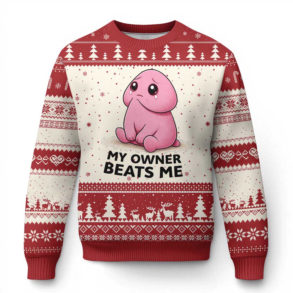 Funny Raunchy Meme My Owner Beats Me Ugly Christmas Sweater Sarcastic Adult Gag Gift TS12 Beige Red Print Your Wear