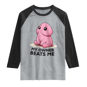 Funny Raunchy Meme My Owner Beats Me Raglan Shirt Sarcastic Adult Gag Gift TS12 Heather Gray Black Print Your Wear