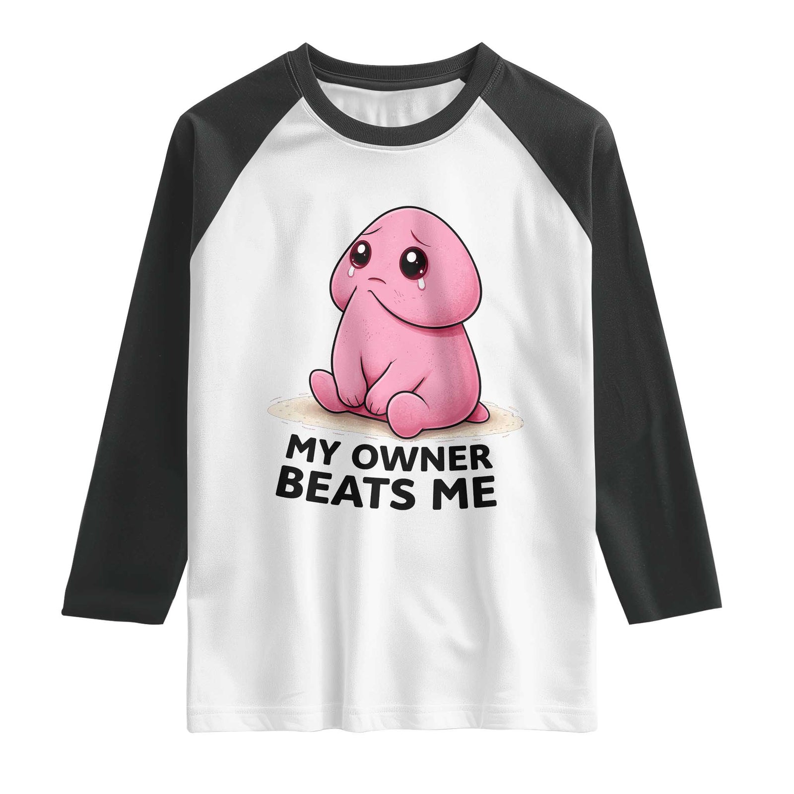 Funny Raunchy Meme My Owner Beats Me Raglan Shirt Sarcastic Adult Gag Gift TS12 White Black Print Your Wear