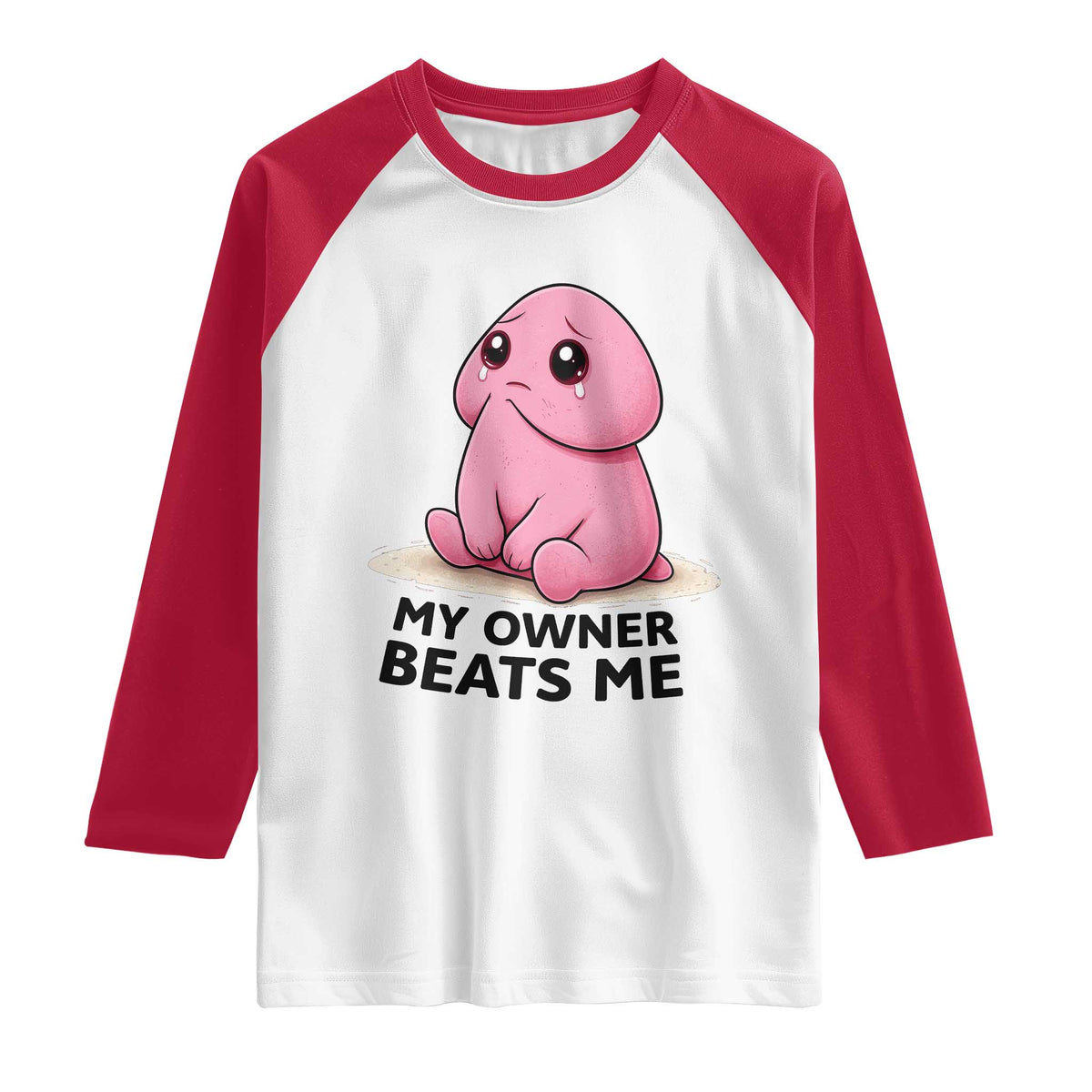 Funny Raunchy Meme My Owner Beats Me Raglan Shirt Sarcastic Adult Gag Gift TS12 White Red Print Your Wear