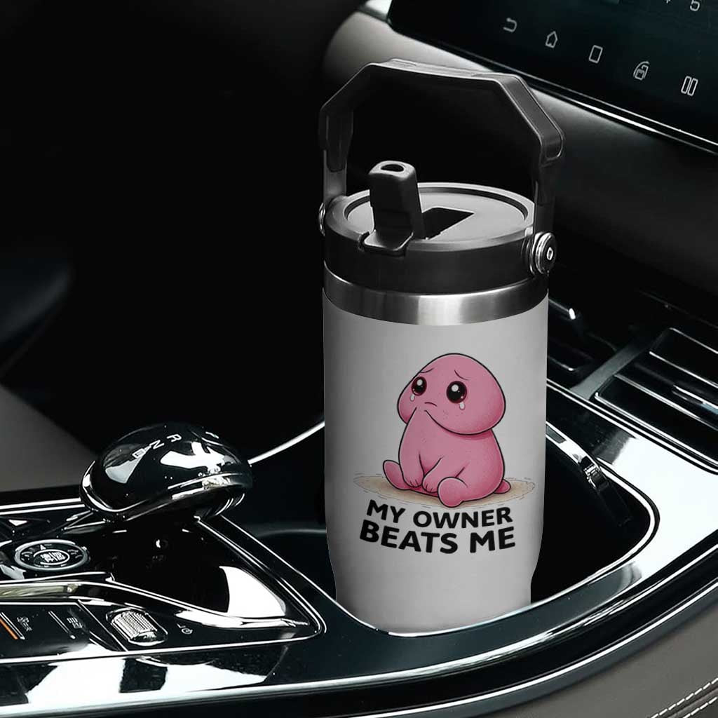 Funny Raunchy Meme My Owner Beats Me Flip Straw Tumbler Sarcastic Adult Gag Gift TS12 Print Your Wear
