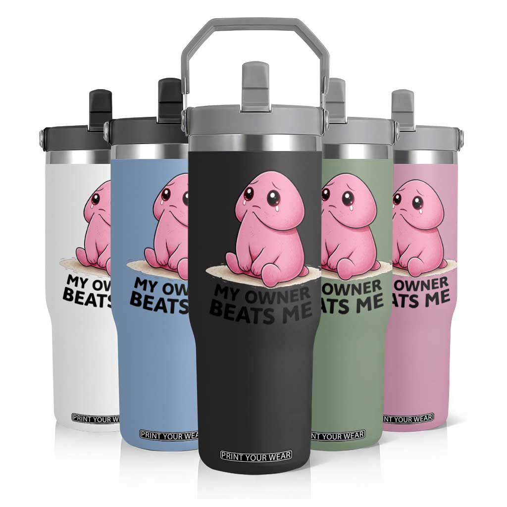 Funny Raunchy Meme My Owner Beats Me Flip Straw Tumbler Sarcastic Adult Gag Gift TS12 Print Your Wear