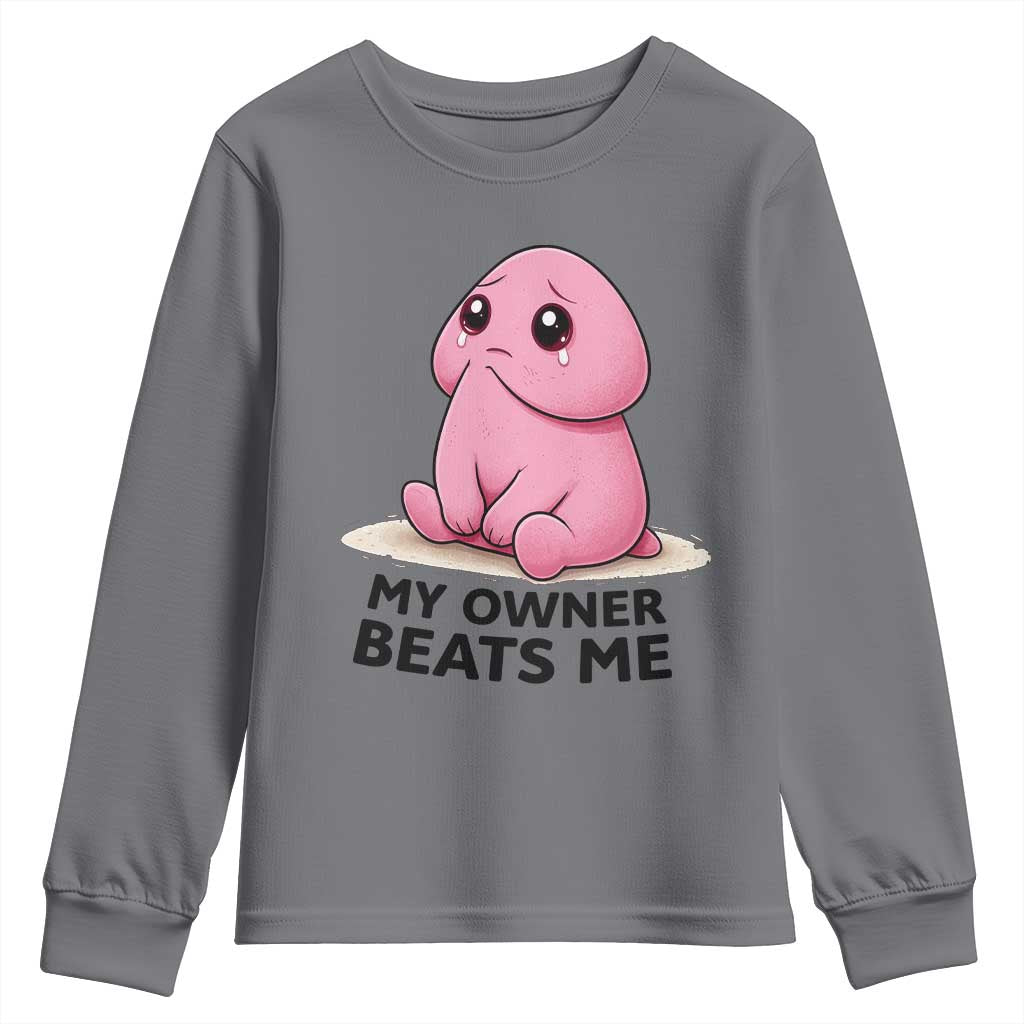 Funny Raunchy Meme My Owner Beats Me Youth Sweatshirt Sarcastic Adult Gag Gift TS12 Charcoal Print Your Wear