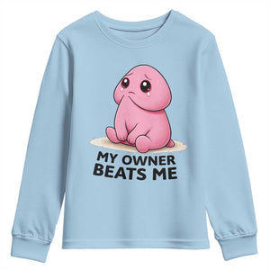 Funny Raunchy Meme My Owner Beats Me Youth Sweatshirt Sarcastic Adult Gag Gift TS12 Light Blue Print Your Wear
