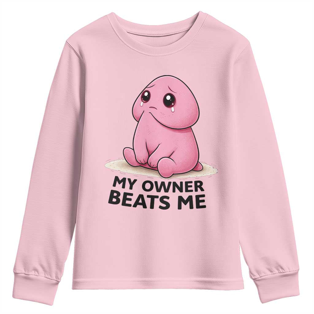 Funny Raunchy Meme My Owner Beats Me Youth Sweatshirt Sarcastic Adult Gag Gift TS12 Light Pink Print Your Wear