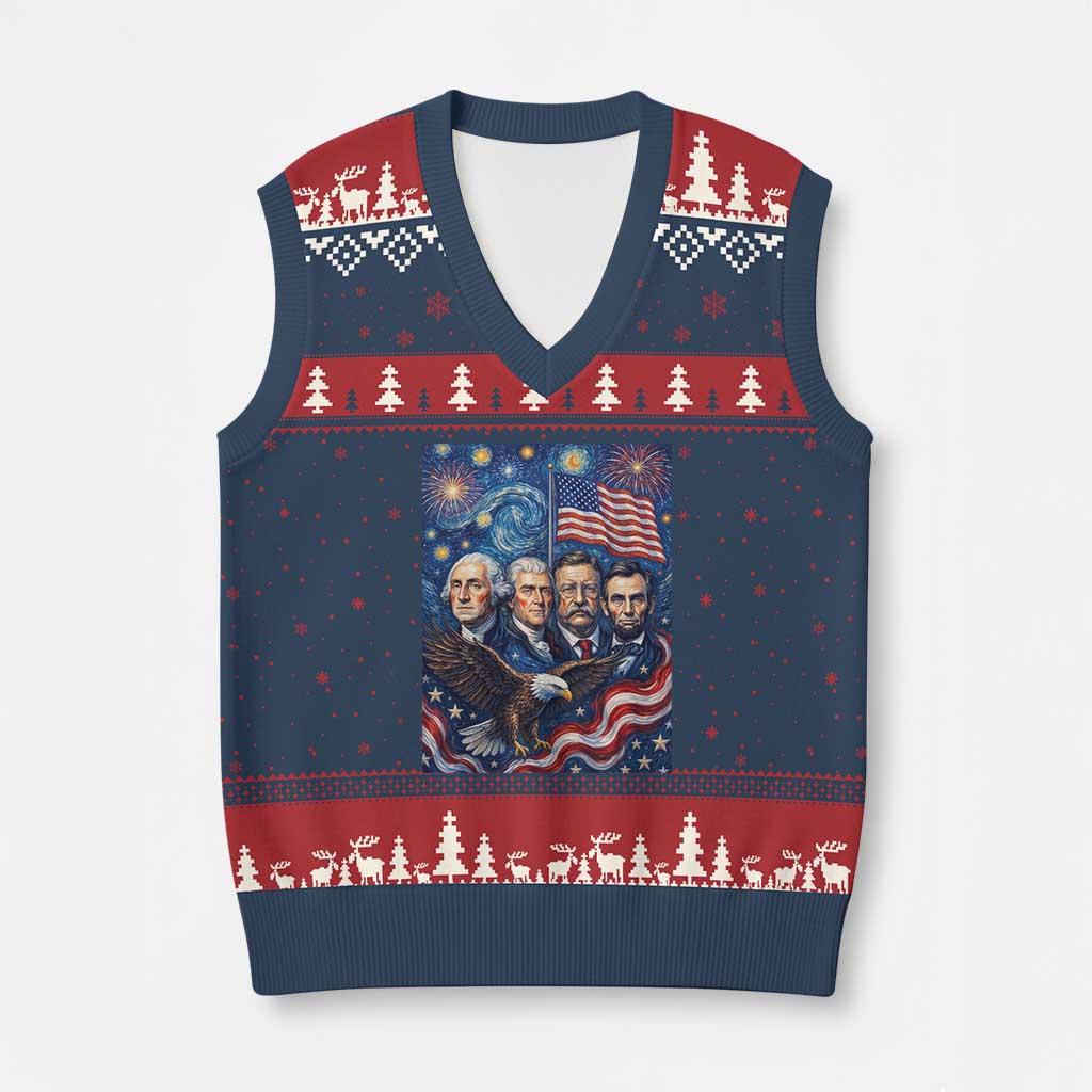 USA Presidents Mount Rushmore V-Neck Knit Sweater Vest Starry Night Inspired Art TS12 Navy Red Print Your Wear