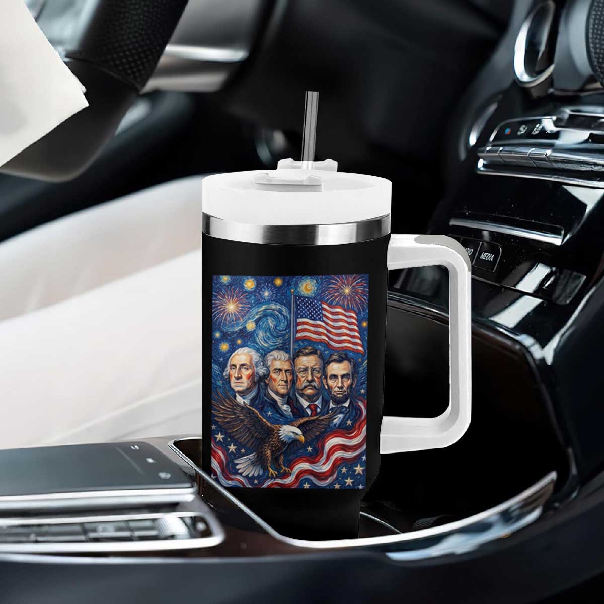 USA Presidents Mount Rushmore Tumbler With Handle Starry Night Inspired Art