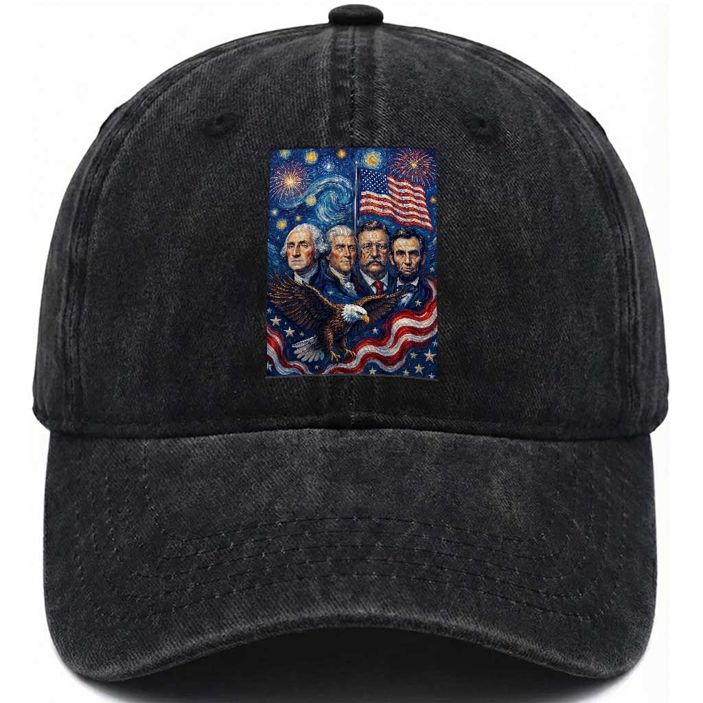 USA Presidents Mount Rushmore Washed Cotton Baseball Cap Starry Night Inspired Art