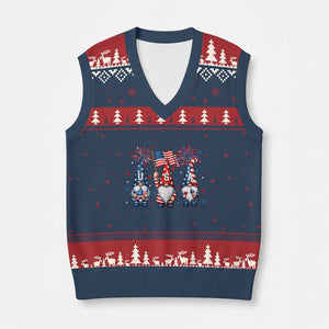Red White Blue Gnomes Fireworks V-Neck Knit Sweater Vest Patriotic 4th Of July