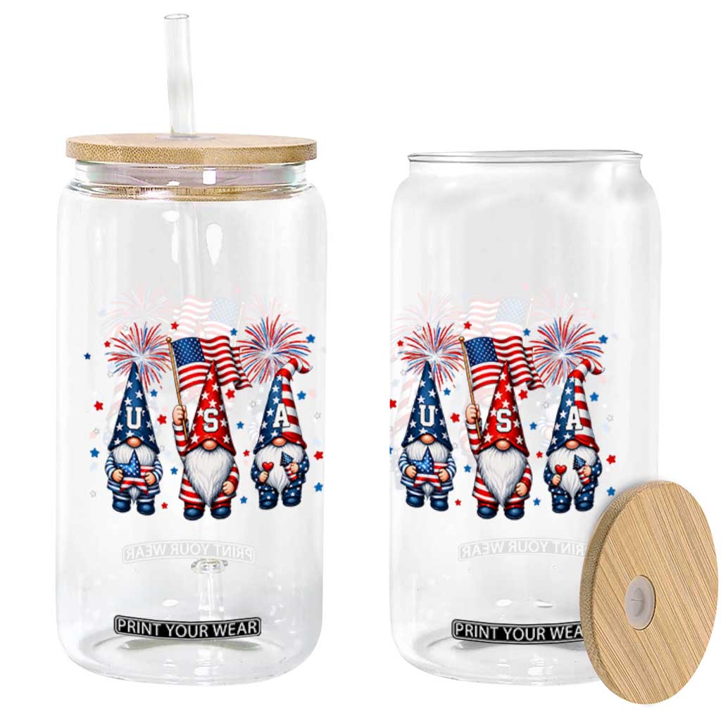 Red White Blue Gnomes Fireworks Glass Can Patriotic 4th Of July