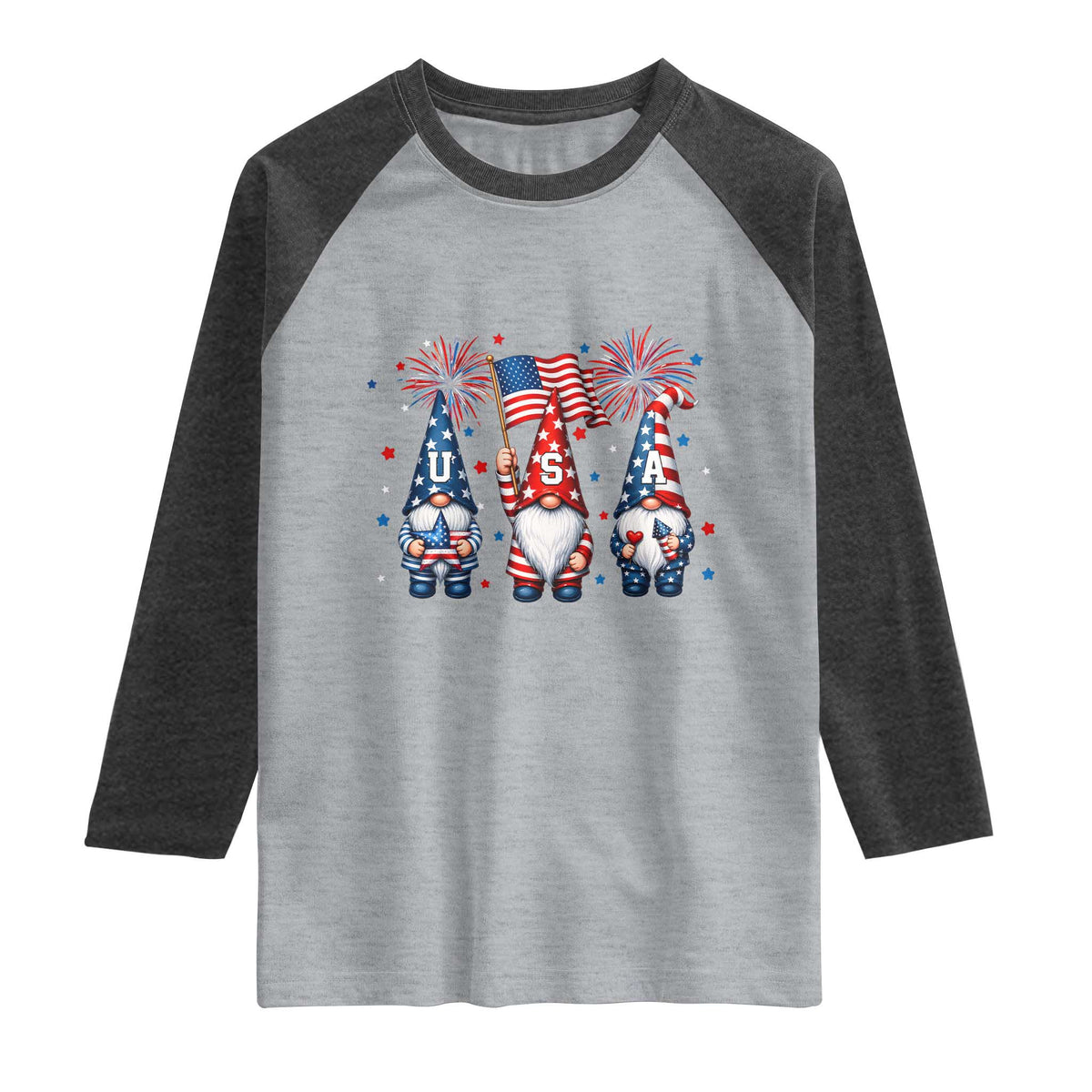 Red White Blue Gnomes Fireworks Raglan Shirt Patriotic 4th Of July