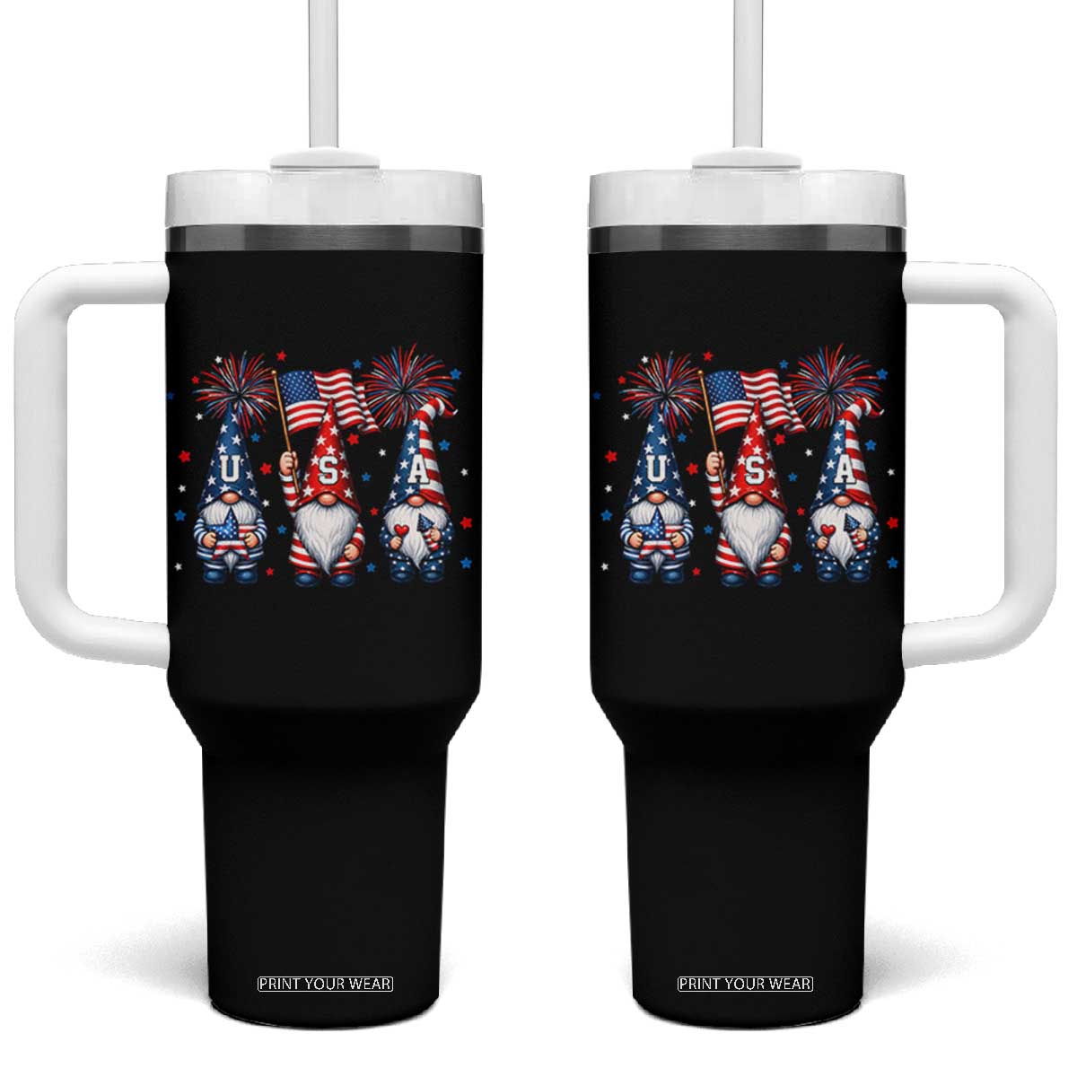 Red White Blue Gnomes Fireworks Tumbler With Handle Patriotic 4th Of July TS12 One Size: 40 oz Black Print Your Wear