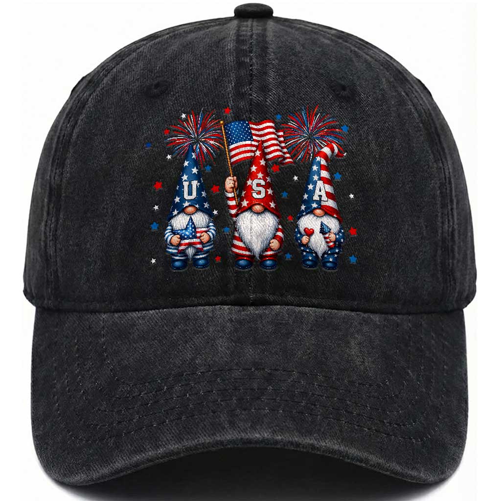 Red White Blue Gnomes Fireworks Washed Cotton Baseball Cap Patriotic 4th Of July