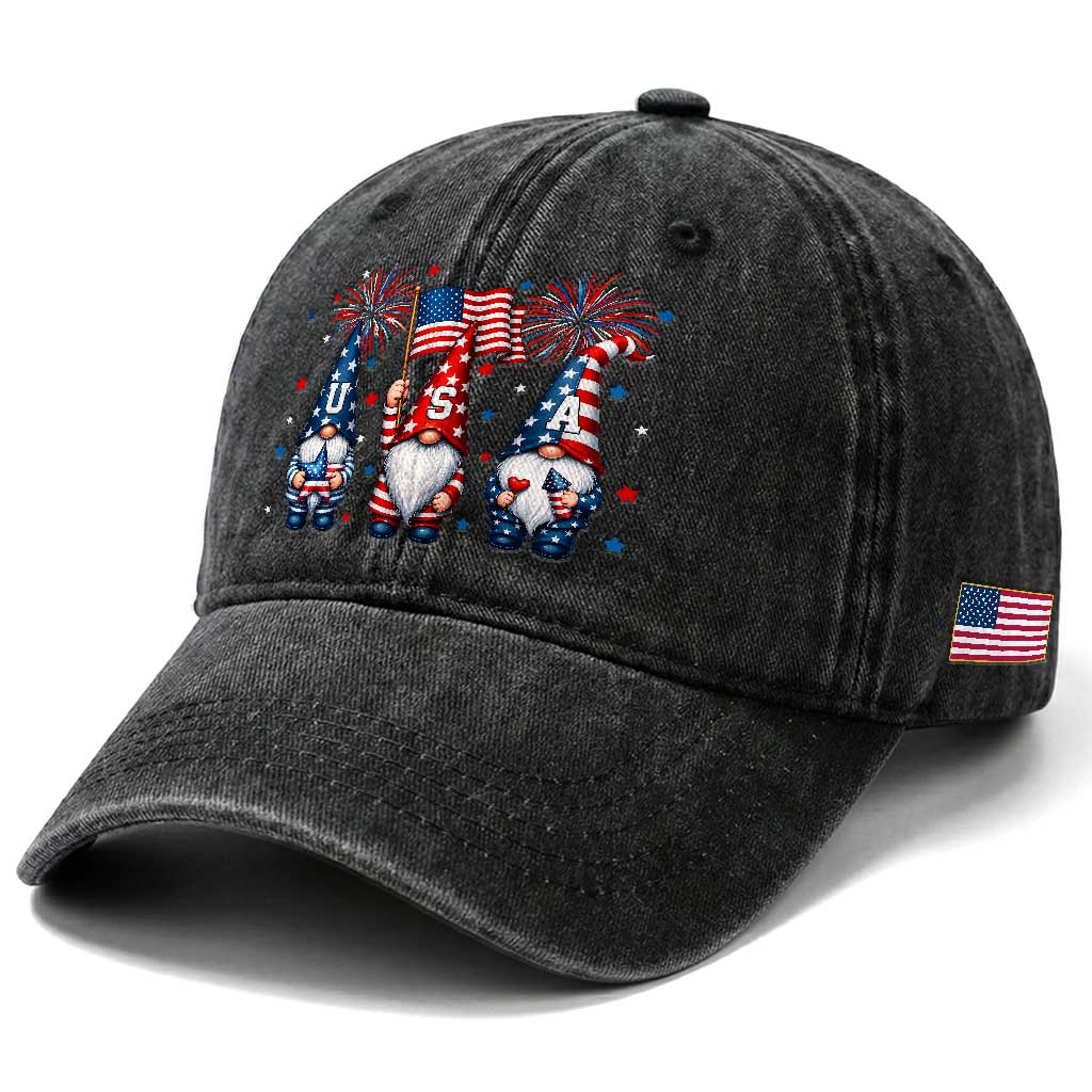 Red White Blue Gnomes Fireworks Washed Cotton Baseball Cap Patriotic 4th Of July