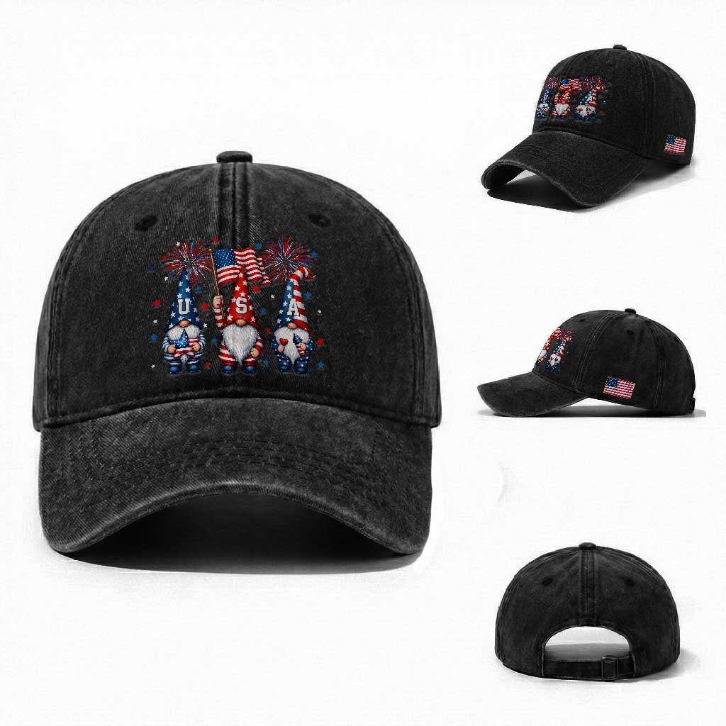 Red White Blue Gnomes Fireworks Washed Cotton Baseball Cap Patriotic 4th Of July