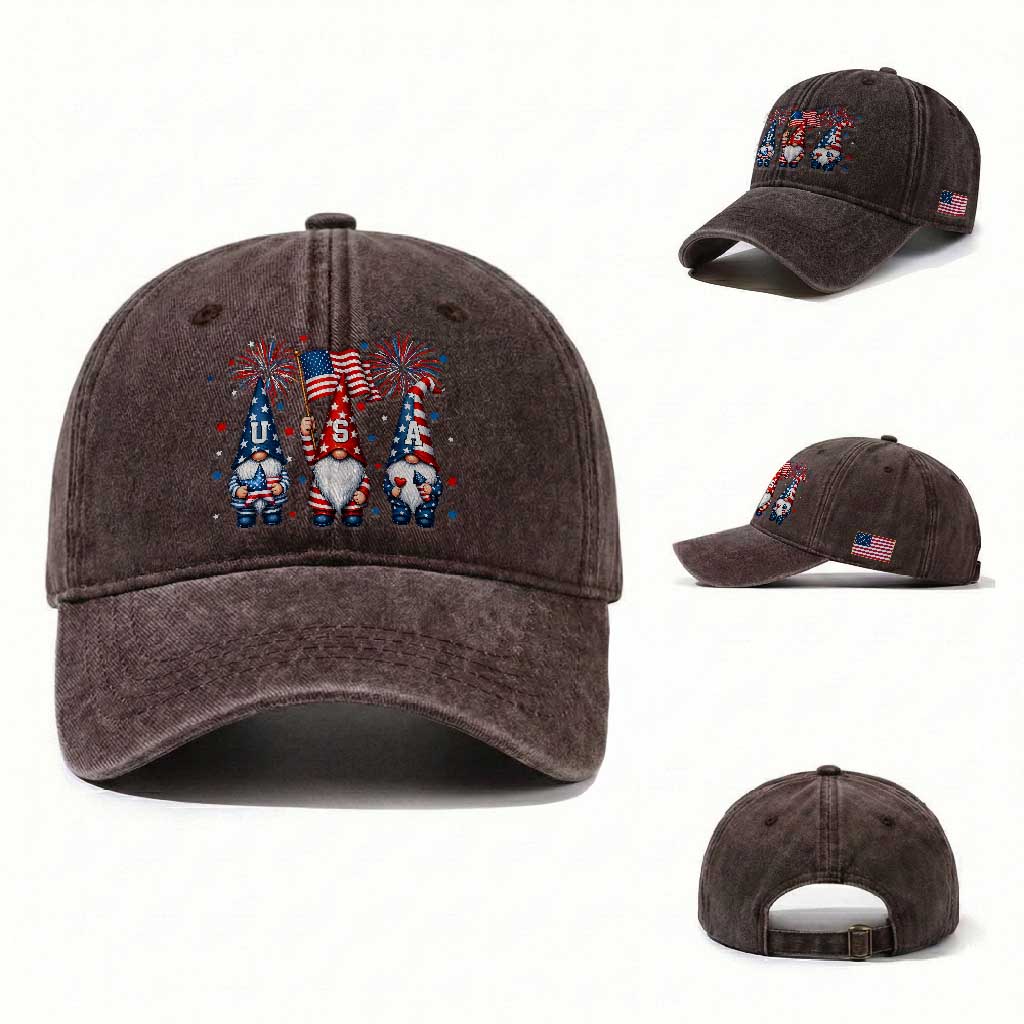 Red White Blue Gnomes Fireworks Washed Cotton Baseball Cap Patriotic 4th Of July
