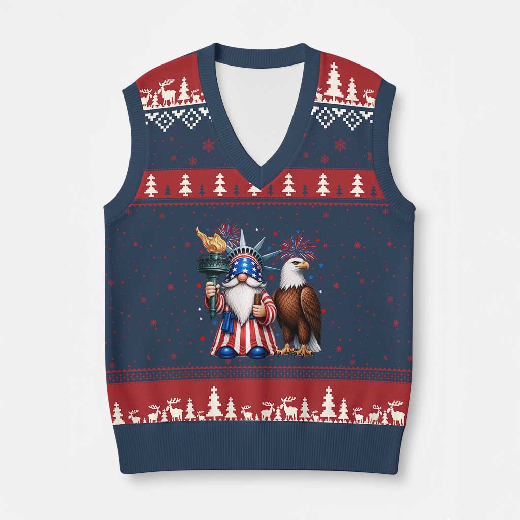 Funny Statue Of Liberty Gnome V-Neck Knit Sweater Vest Patriotic 4th Of July TS12 Navy Red Print Your Wear